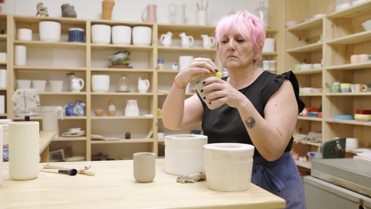 Woman working with ceramics in a pottery studio