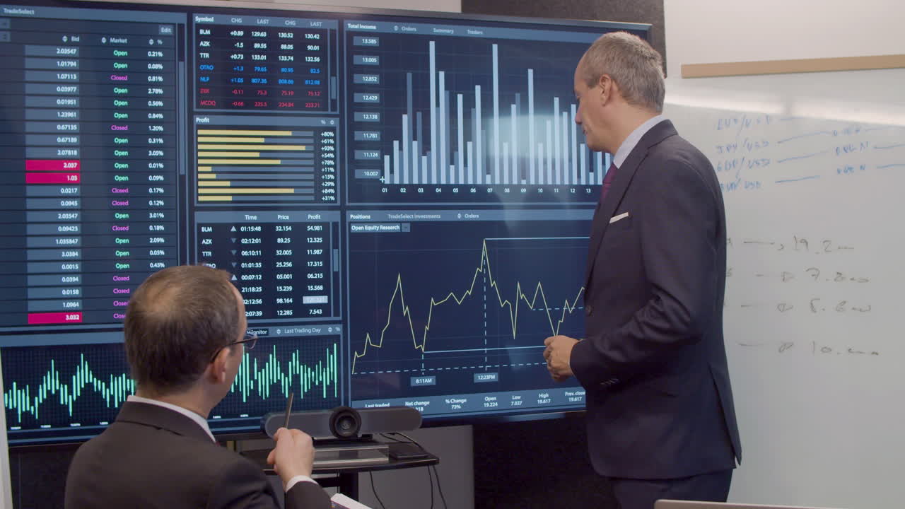 hombre que presenta estadísticas de crecimiento empresarial en pantalla digital