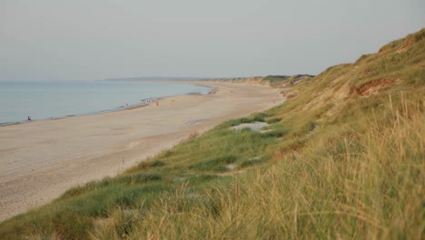 Scenic-view-over-beach-panning-right-to-left-shift-focus-from-grass-to-the-beach