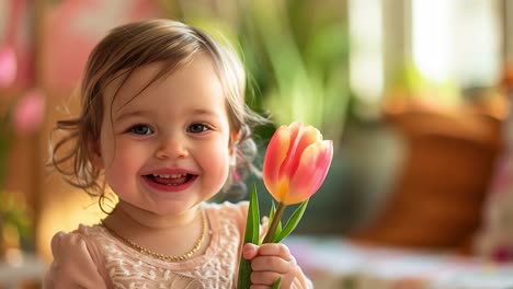 happy toddler holding a tulip