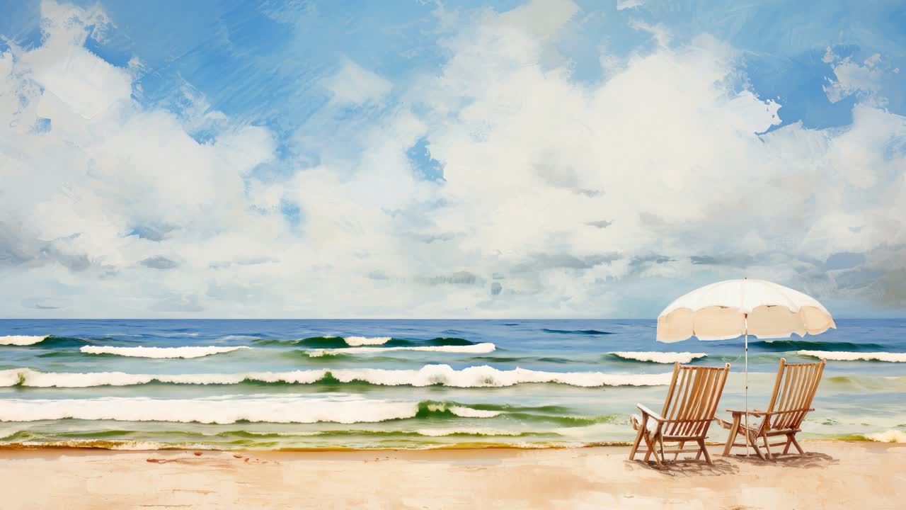 A serene beach scene with two chairs and an umbrella, captured from a low angle