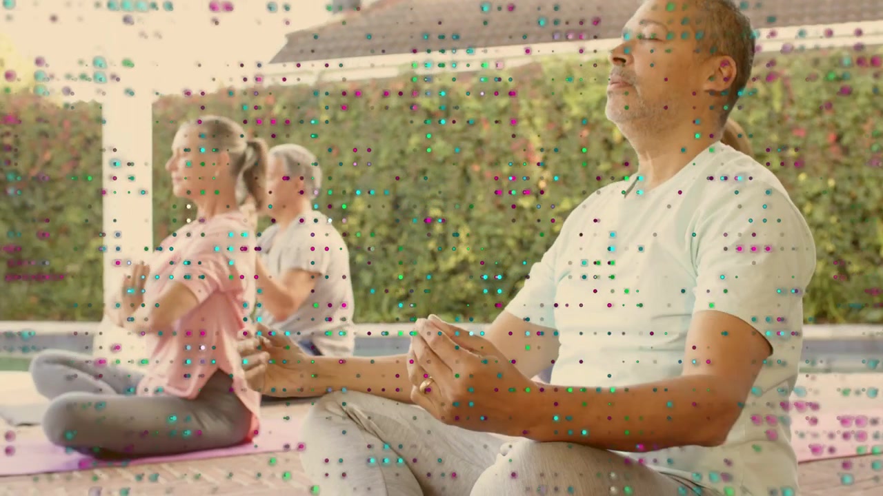 Lead man raising palms, guiding group meditating while camera closing on hands, overlaying dots