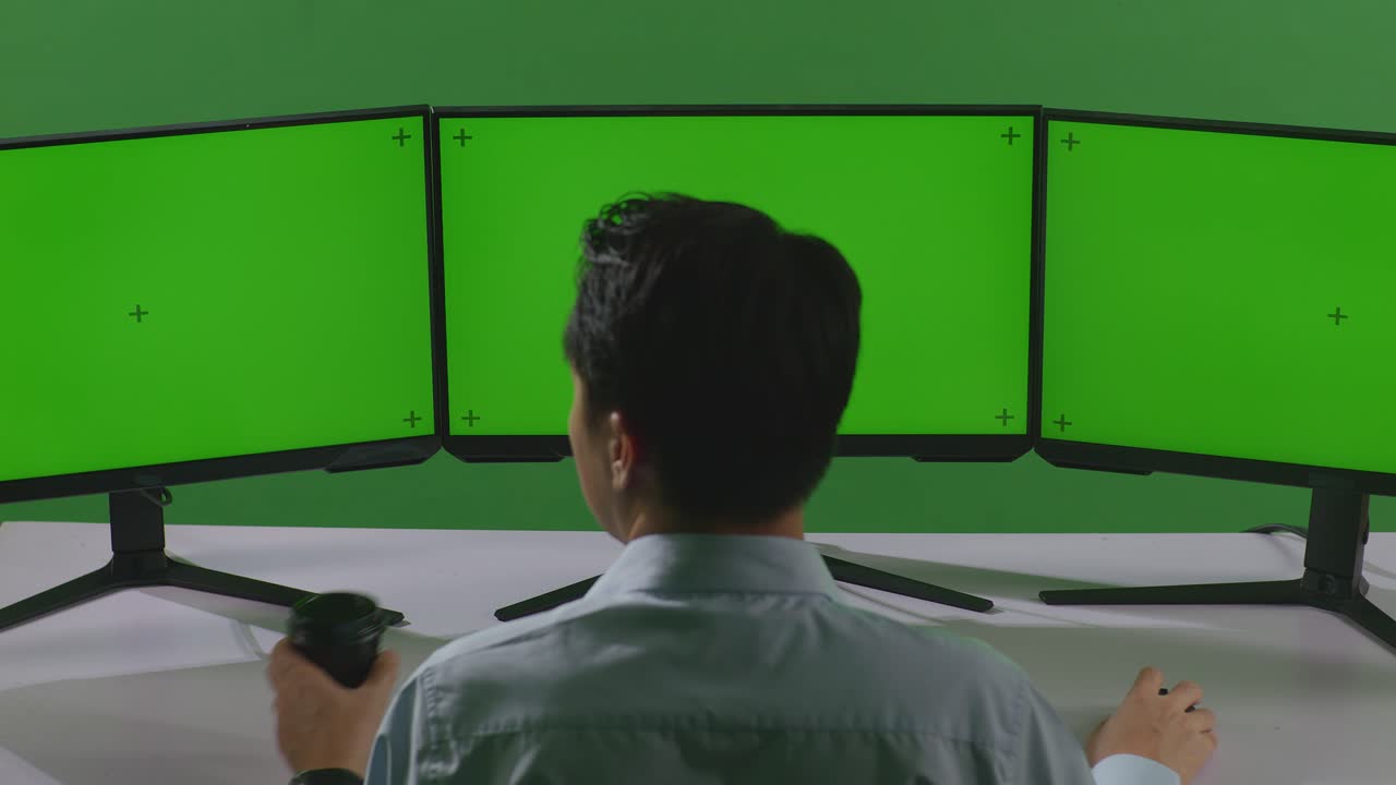 동양인 남자가 커피를 마시며 녹색 스크린 스튜디오에서 모의 여러 컴퓨터 모니터와 함께 작업하는 뒷면