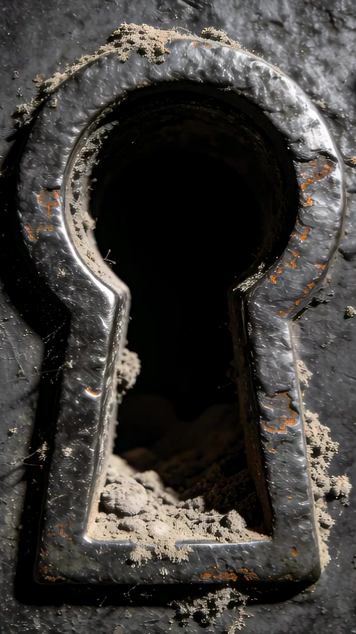 Vertical video: Holding camera capturing metal keyhole plate on door, highlighting wear and dust