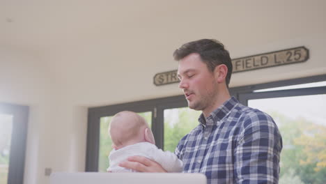 working father using laptop at home whilst playing with smiling baby son lifting him in the air - shot in slow motion