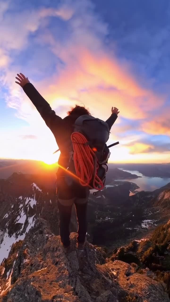 Video drammatico con angolazione dal basso di un escursionista su una vetta al tramonto, che cattura vasti paesaggi