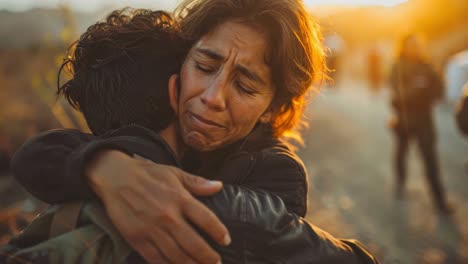 emotional embrace during sunset