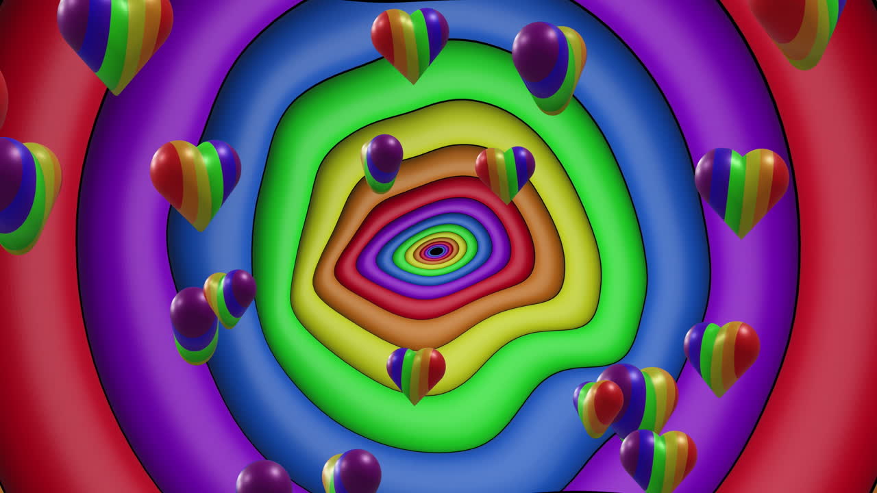 Animazione di cuori arcobaleno su cerchi e colori arcobaleno che si muovono in un loop continuo.