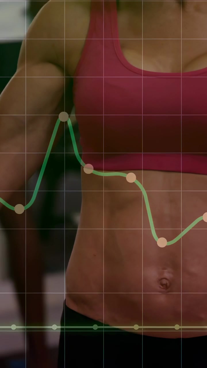 Video verticale: Donna in forma in posa in palestra, la telecamera si sposta e un grafico traccia le metriche del busto.