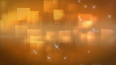 Digital-Generiertes-Video-Von-Orange-Leuchtenden-Sternen-Und-Quadraten,-Die-Sich-Vor-Orangefarbenem-Hintergrund-Bewegen