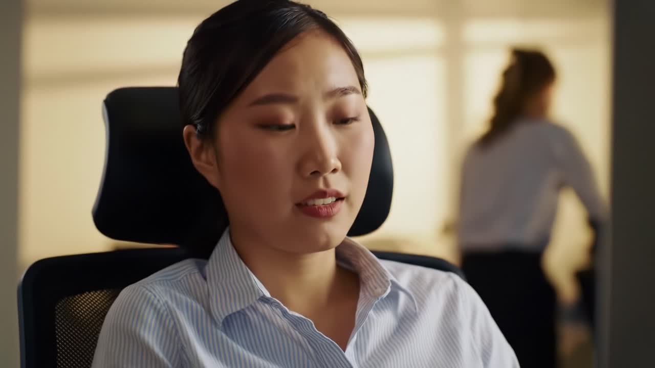 A woman sits at her office desk in the afternoon, concentrating on her tasks with papers and a laptop. The atmosphere is calm and professional, showcasing a productive work environment.