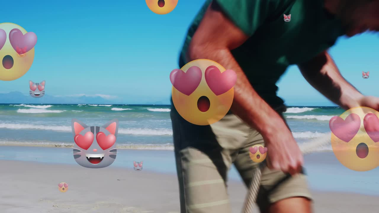 animación de un emoji fallido sobre una familia caucásica en la playa