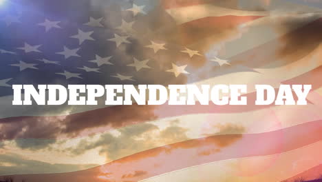 animation of independence day text and flag of america over dense clouds