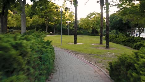 smooth shot of a park's walkway at golden hour