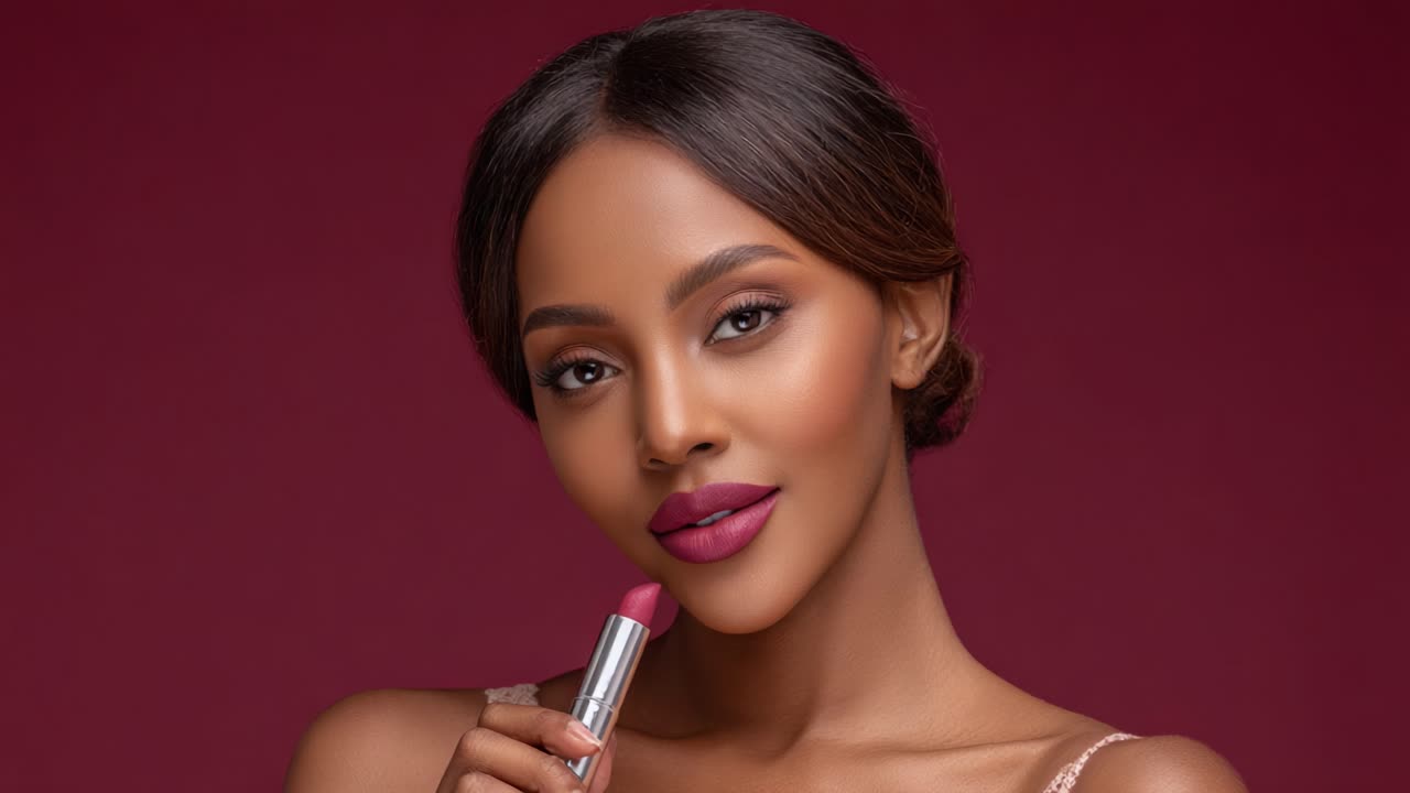 Showcasing Glamour: A Stylish Model with Stunning Makeup and Bold Lipstick Against a Rich Burgundy Background