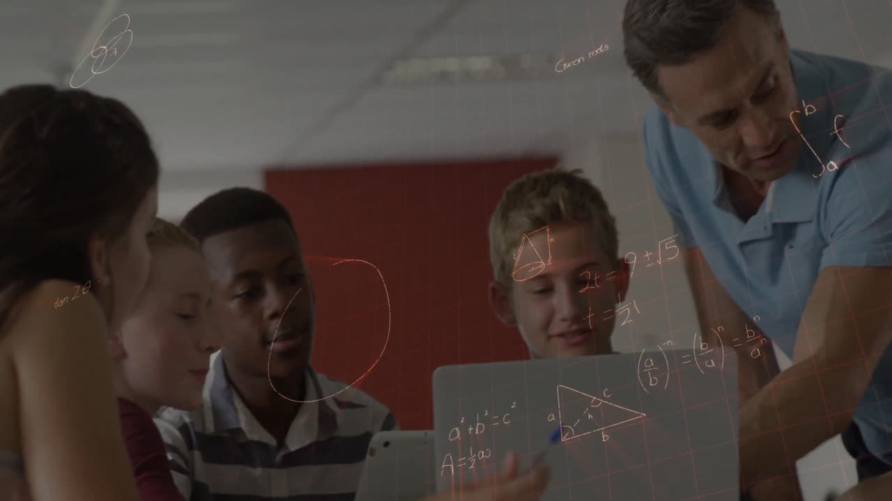 Animation of mathematical equations over school children and male teacher using laptop in classroom