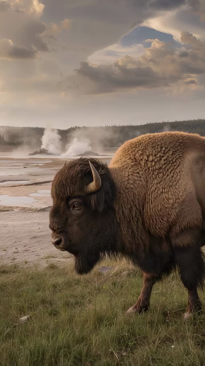 Vertical video: Walking adult American bison starting left frame, crossing hot plain with steam
