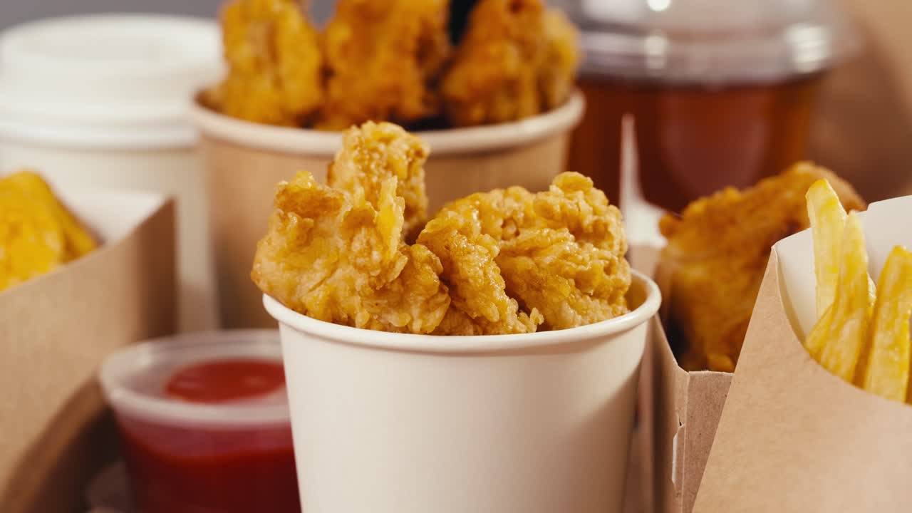 Hand grabbing fried chicken from a paper cup, accompanied by fries and ketchup