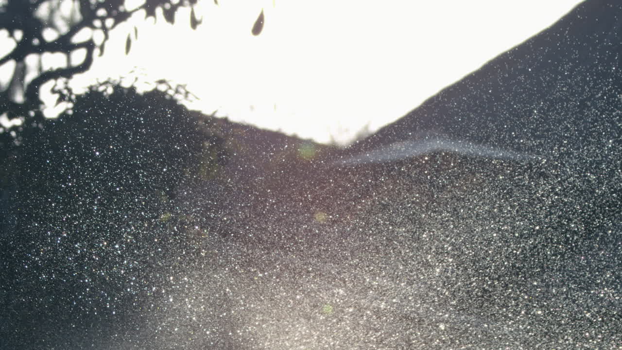 Sprinkler water spray in slow motion, mist rolls over dark lawn as light filters through