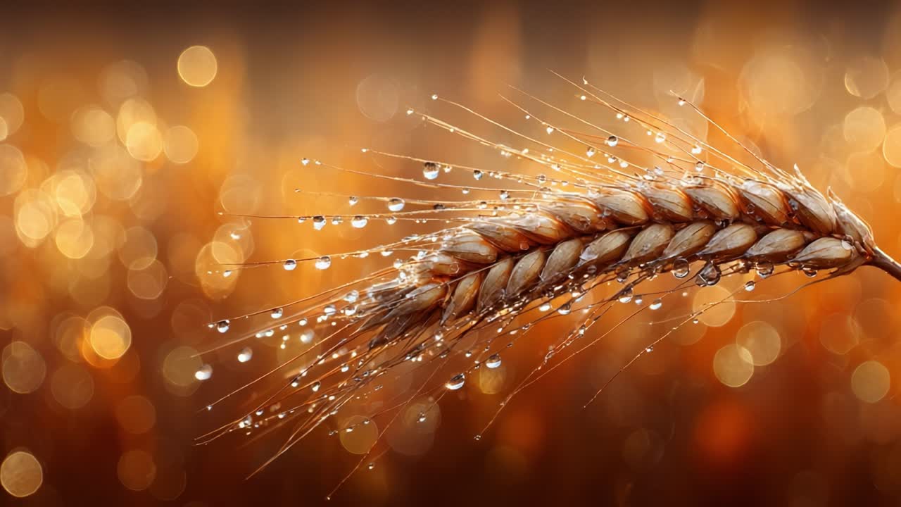 Glistening Wheat Spike Under Soft Light: A Captivating Close-Up of Nature's Beauty with Dew Drops Enhancing the Splendor of a Wheat Field