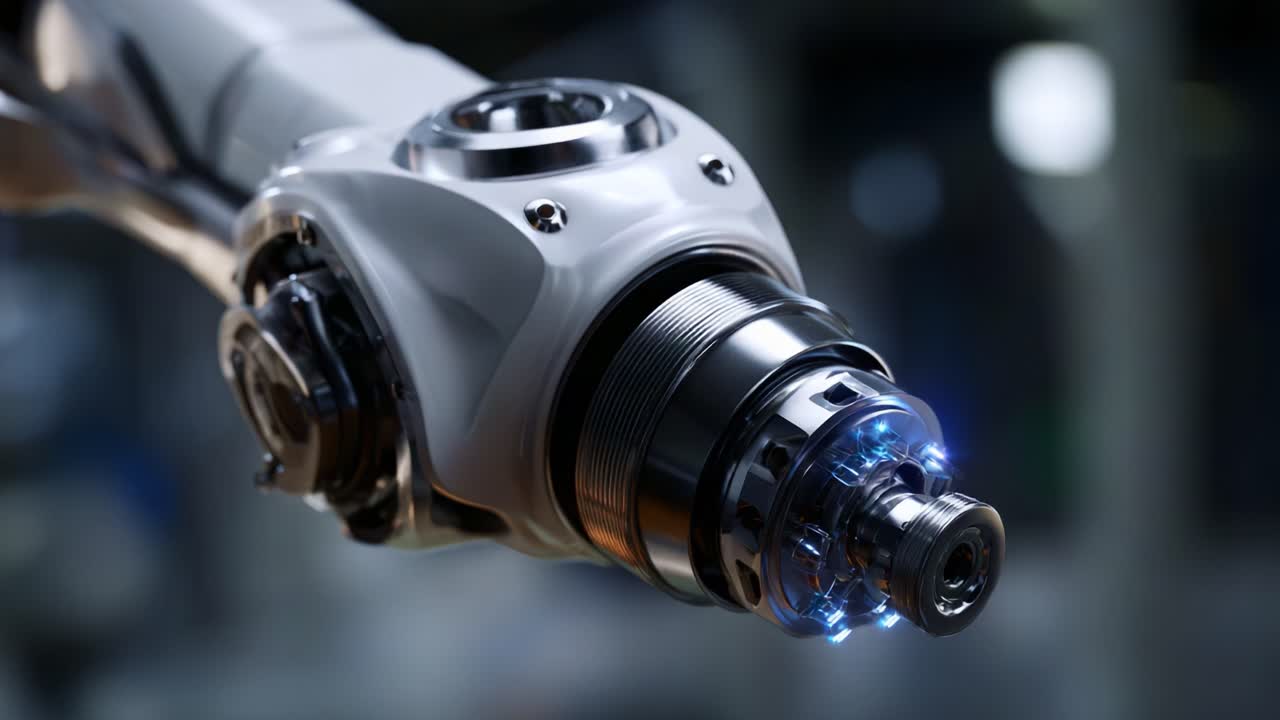 Close-Up of a Modern Robotic Arm with Advanced Mechanical Features and LED Illumination Showcasing Futuristic Engineering and Precision Technology in Action