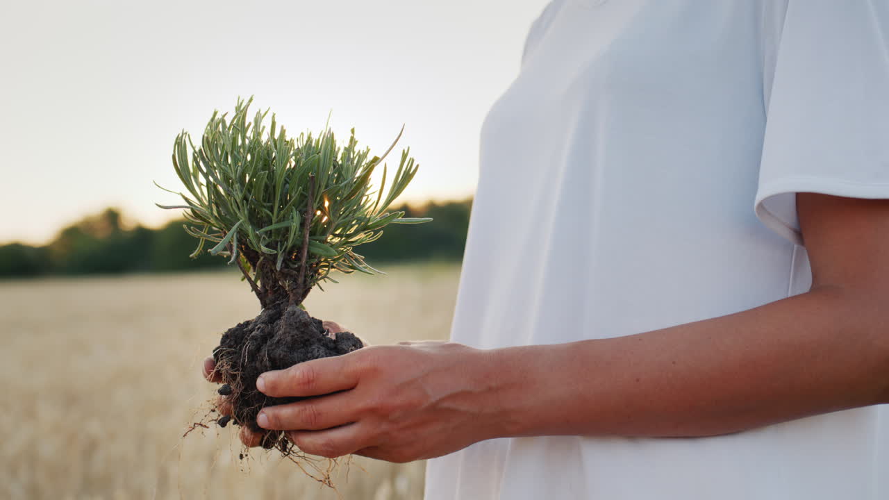 mujer con una plántula de lavanda lista para plantar. vista lateral