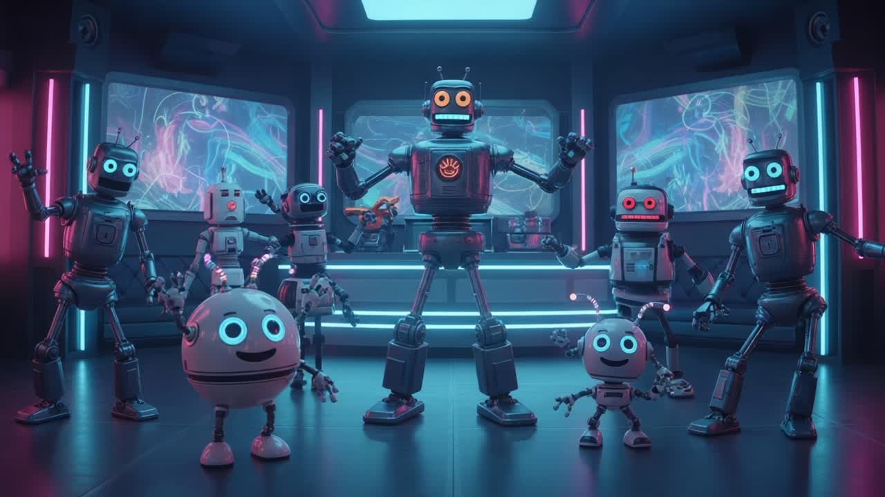 A Fantastic Display of Colorful Robots Gathering in a High-Tech Environment, Showcasing Their Unique Personalities and Futuristic Designs in an Energetic Atmosphere