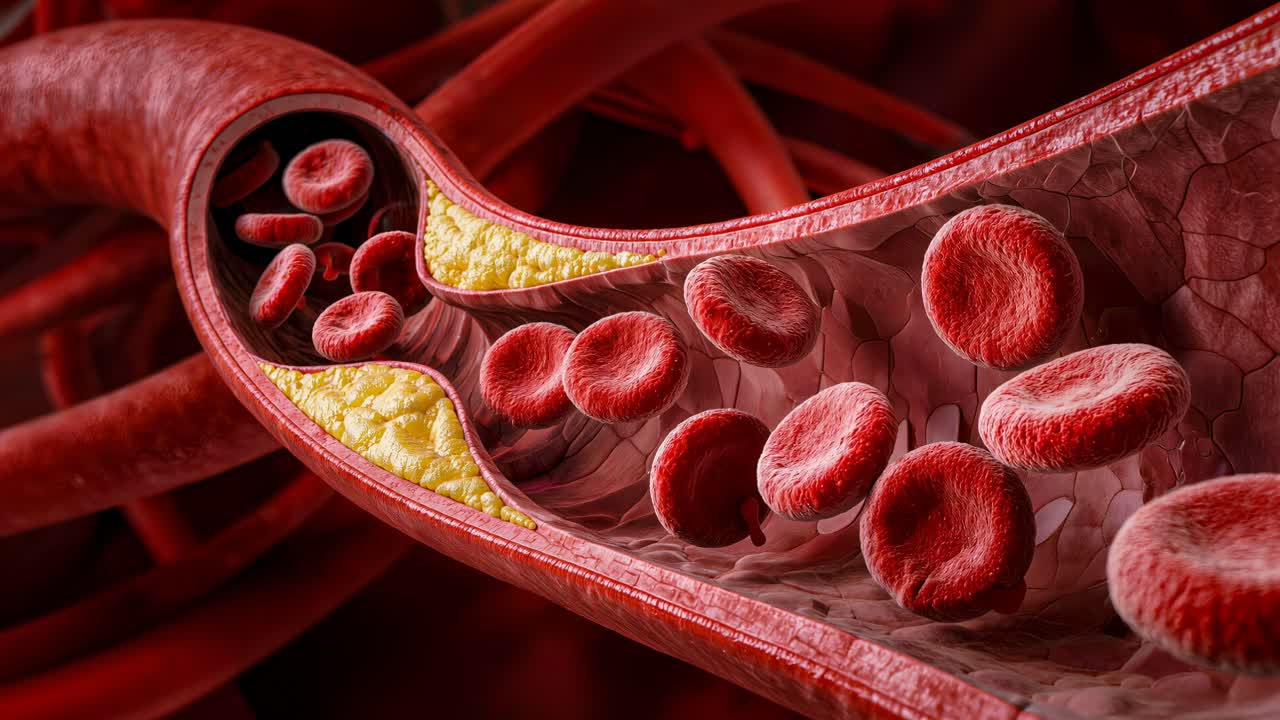 Macrofotografia de glóbulos vermelhos se movendo em um vaso sanguíneo com foco suave e luz quente, conceito médico de circulação e saúde humana