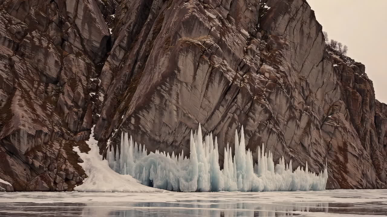 Massive Icicles on a Rocky Cliff by a Frozen Lake