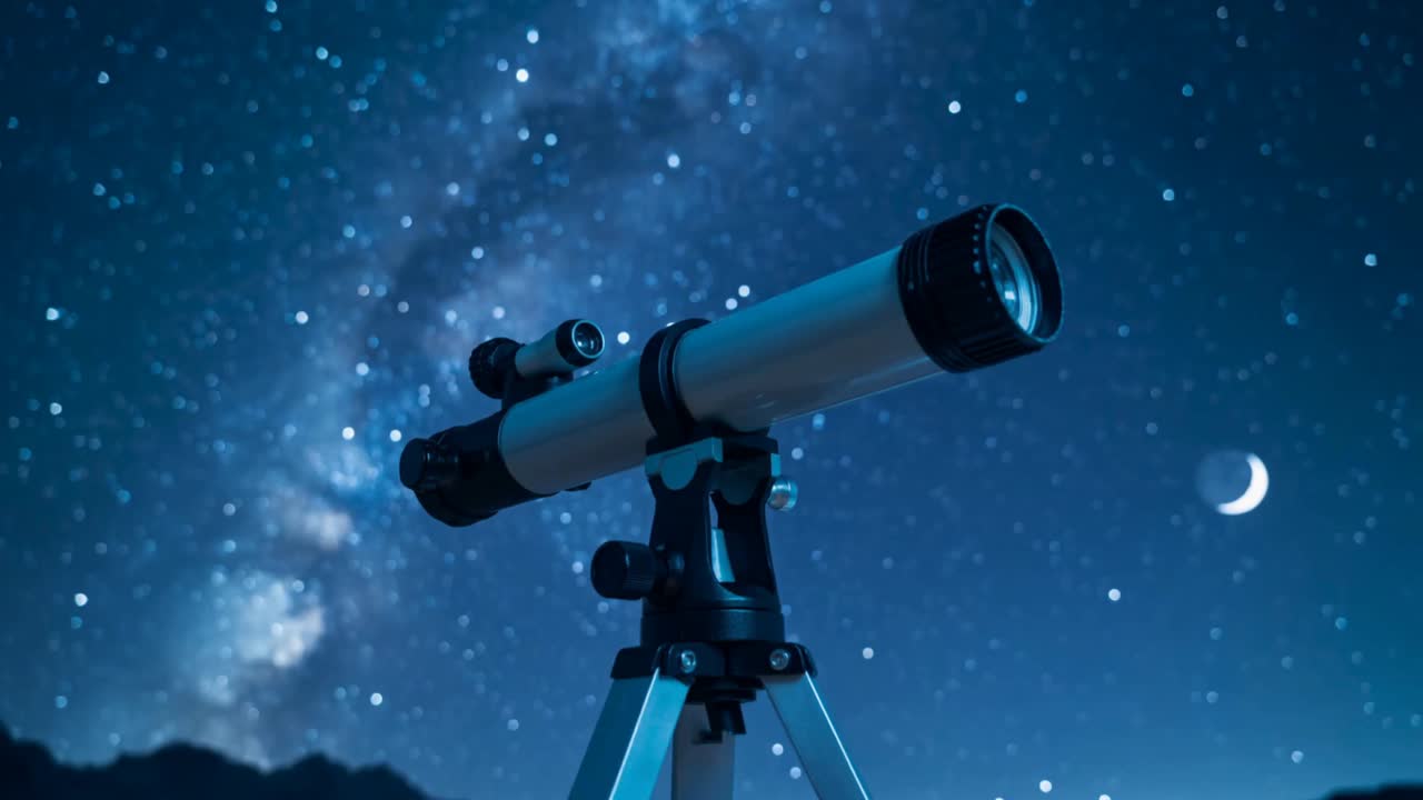 Pointing refractor on tripod staying above mountain, night falling, observing Milky Way and moon