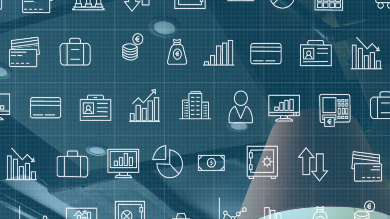 animación de múltiples iconos sobre la silla desocupada y el techo de la oficina