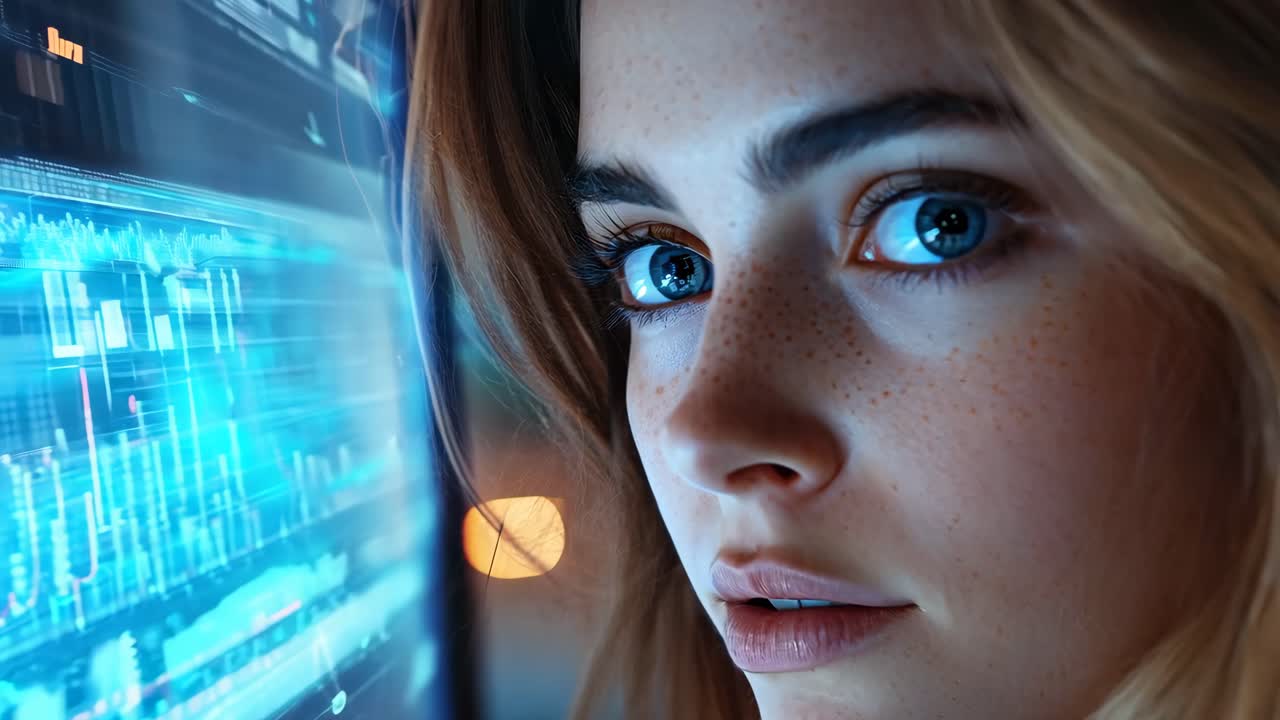 A woman with long blonde hair is staring at a computer screen. The screen is filled with a lot of numbers and letters, and the woman is focused on it. Concept of concentration and determination