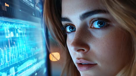 a woman with long blonde hair is staring at a computer screen. the screen is filled with a lot of numbers and letters, and the woman is focused on it. concept of concentration and determination