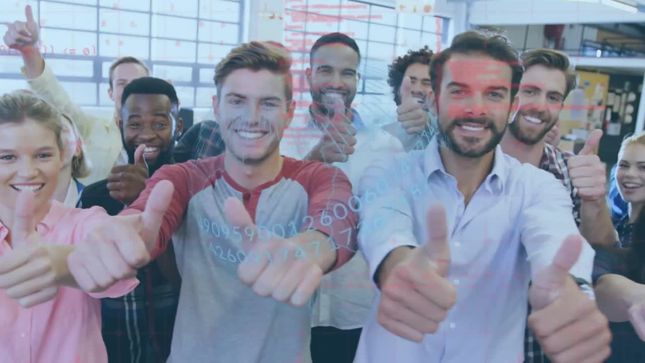 animación del globo de conexiones sobre personas de negocios felices con los pulgares hacia arriba