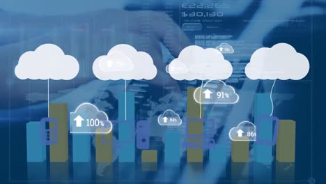 Animation-Von-Wolken-Mit-Zahlen-Und-Diagrammen-über-Händen,-Die-Auf-Dem-Laptop-Schreiben