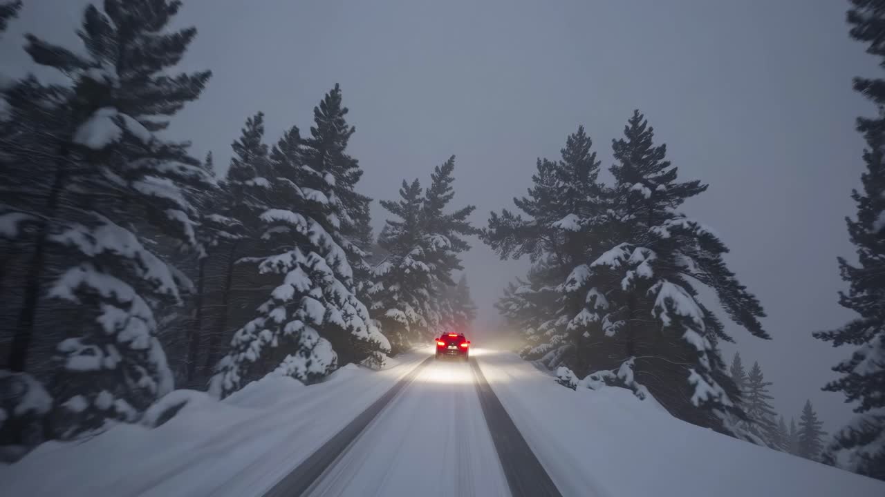 A dynamic, rear-view video shot of a car driving through a snowy forest road, capturing the serene