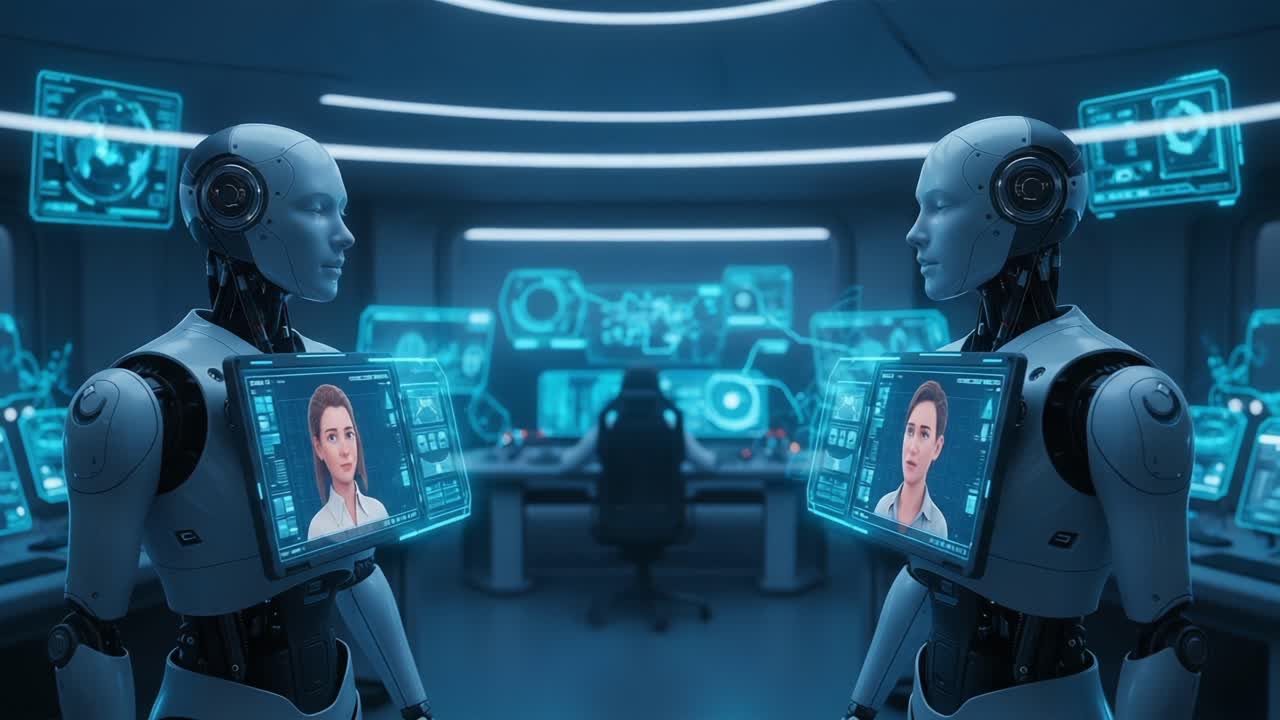 Futuristic Exploration of Human-Robot Interaction in a High-Tech Control Room Featuring Advanced Humanoid Robots with Interactive Displays