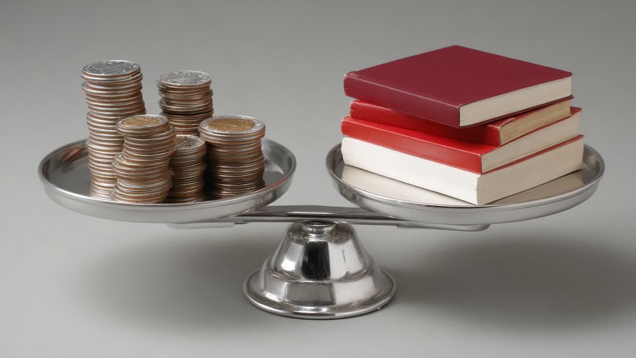 A Scale Balancing Coins and Books Reflects the Value of Knowledge Versus Wealth, Symbolizing the Age-Old Dilemma of Materialism and Intellectual Pursuits