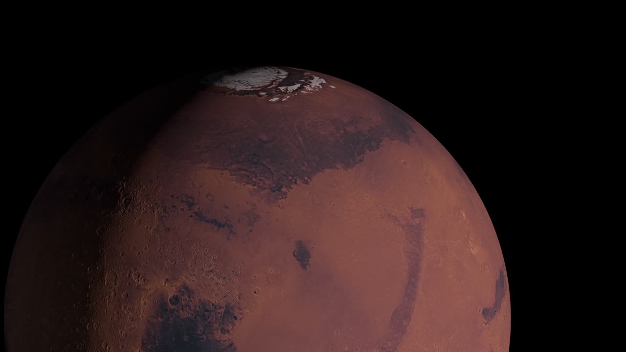 Mars. Planet. Spin Around axis. Rotate planet mars on dark. 3d visualisation view of Mars 4k resolution.