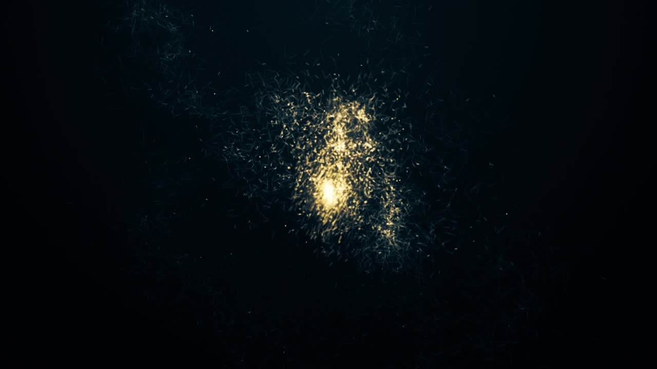 모든 방향으로 날아다니며 흔적을 남기는 입자의 빠르게 움직이는 공, 움직임이 흐릿한 입자와 함께 빠른 움직임의 추상 애니메이션