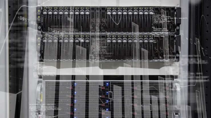 Animazione di elaborazione dati e diagrammi su una sala server