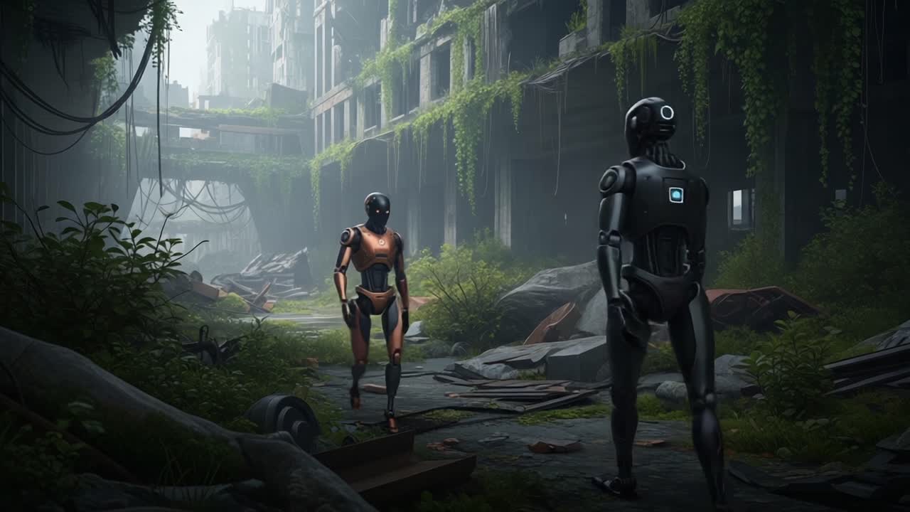 Exploring a Futuristic Ruin: Two Advanced Robots Navigate Through Lush Overgrowth in a Post-Apocalyptic Urban Landscape