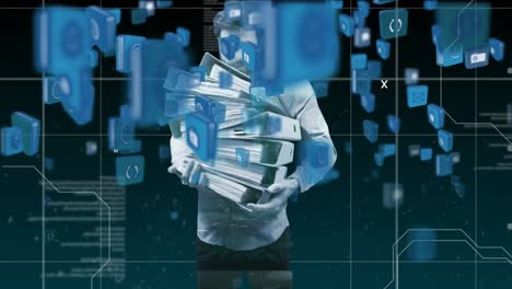 iconos de internet contra un hombre que sostiene archivos