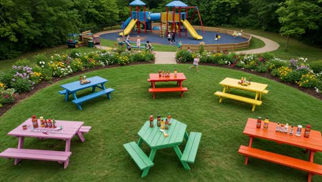 lively park scene with colorful picnic tables and play area for children, showcasing vibrant nature and ideal family recreation space