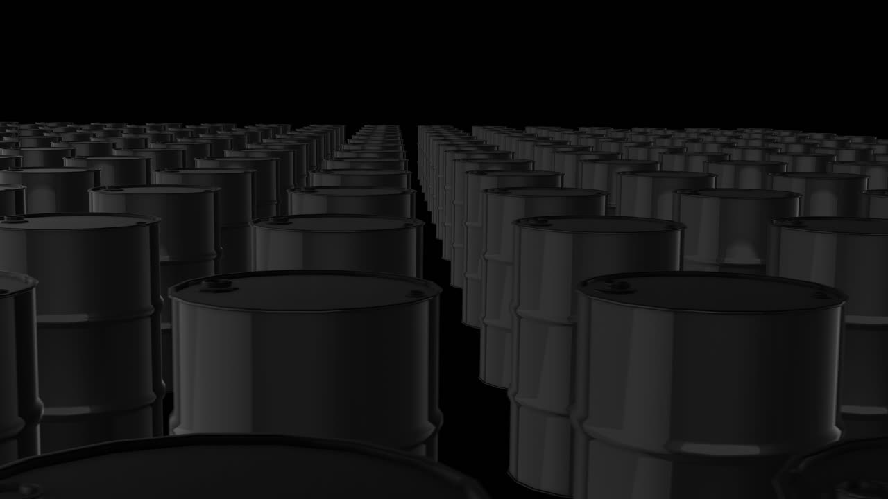 Scorrendo tra centinaia di barili di petrolio greggio neri con uno sfondo nero. Ideale per video finanziari sui prezzi globali del gas e analisi del mercato azionario del settore energetico. 3D