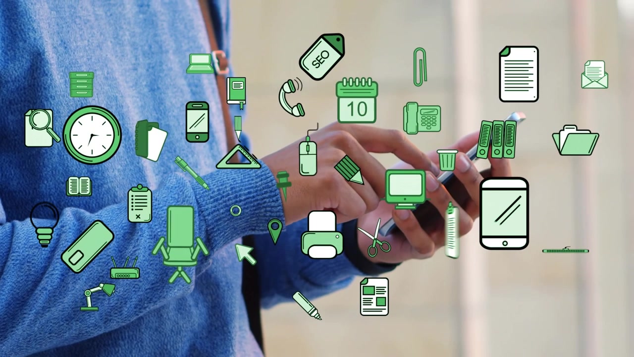 Animation of media icons over hands using smartphone
