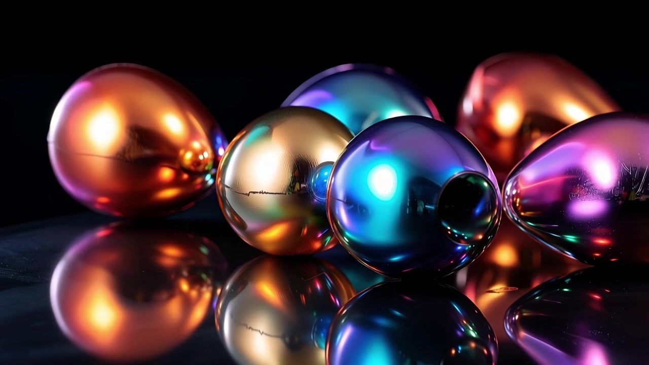 Sfere e uova metalliche astratte con riflessi iridescenti