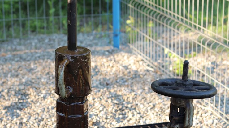 Il petrolio greggio fuoriesce dal premistoppa di una pompa a bilanciere mentre l'asta lucida estrae il petrolio.
