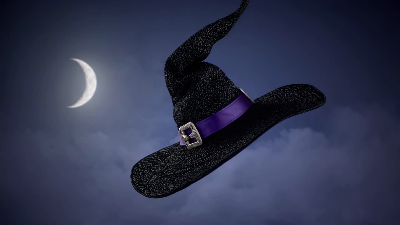 A witch's hat floats against a crescent moonlit sky. Captured from a low angle, this video