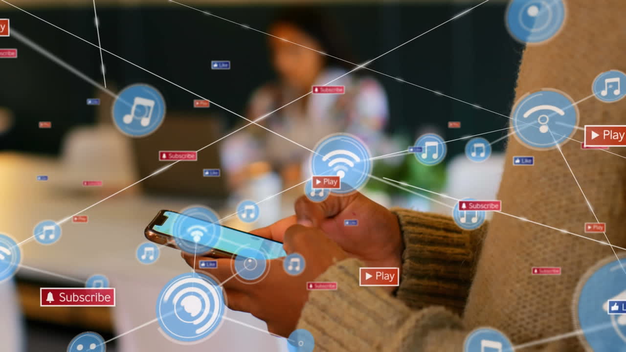 animación de la red de conexión con iconos sobre el hombre usando teléfono inteligente